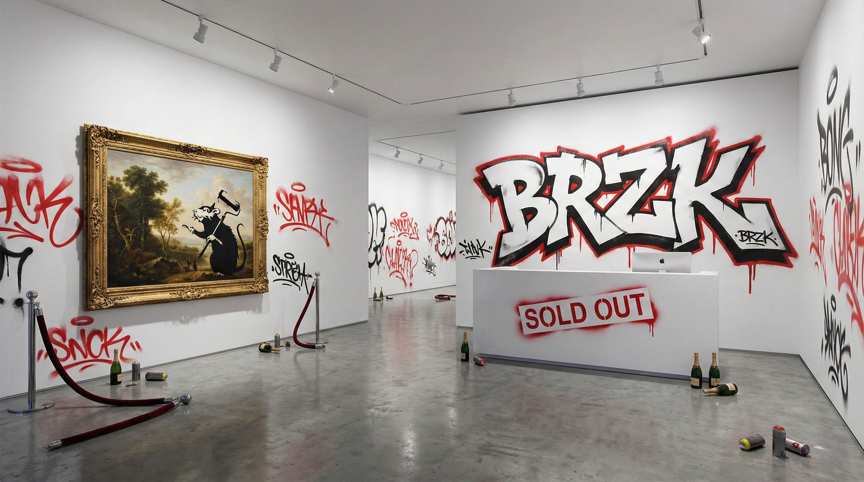 Vandalized high-end art gallery featuring extensive red and black graffiti tags, including a large 'BRZK' mural and a 'SOLD OUT' stencil on the reception desk. A classical oil painting in a gold frame is defaced with a Banksy-style rat stencil, with empty champagne bottles and spray cans littering the polished concrete floor next to velvet ropes, symbolizing a street art takeover.