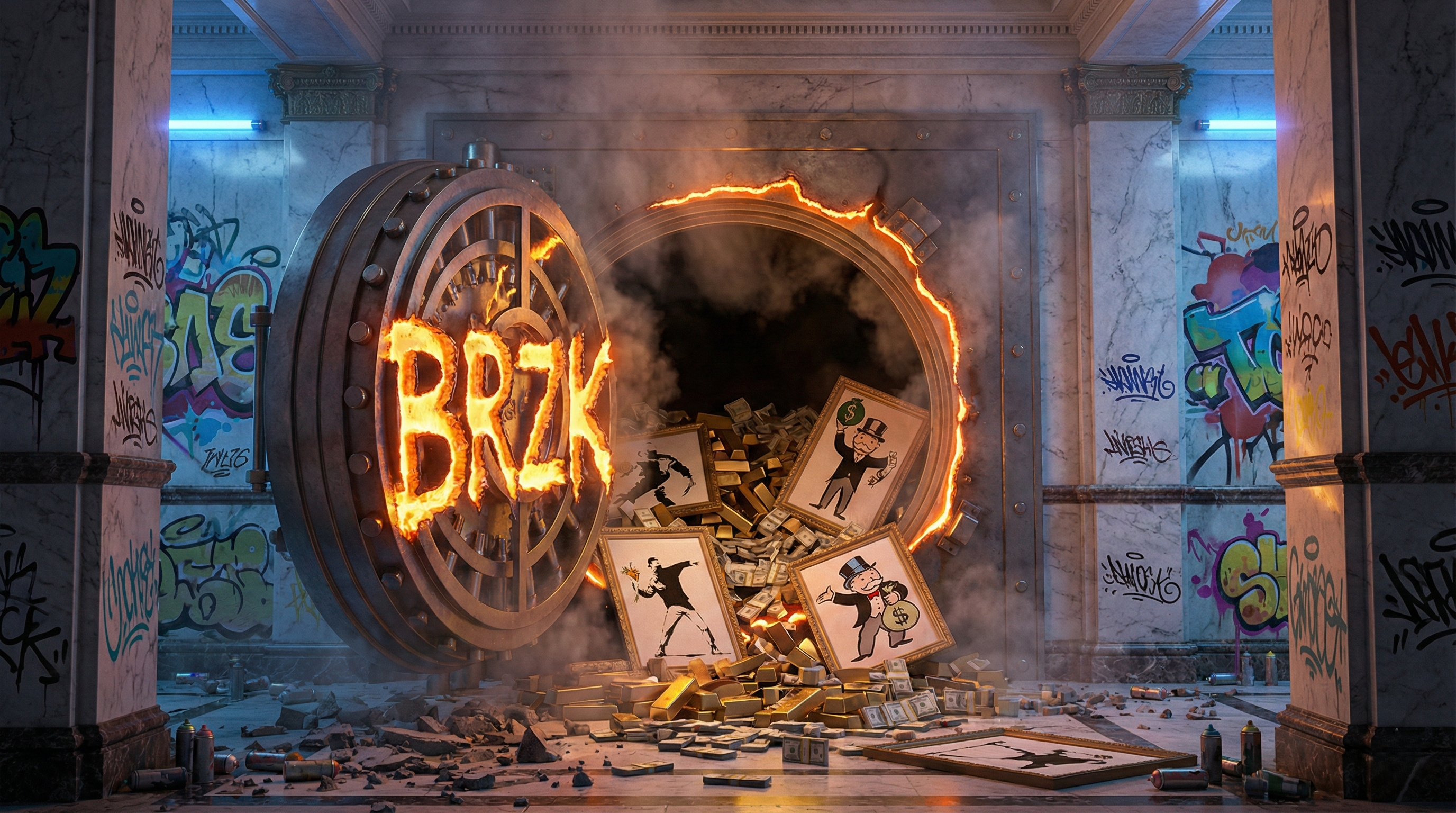 Berzerk x Designs luxury graffiti wall art banner featuring open bank vault with gold bars and flying money, Banksy style stencil art collection for home office decor, limited edition hustle motivation canvas prints, exclusive urban street art drops, BRZK brand aesthetic