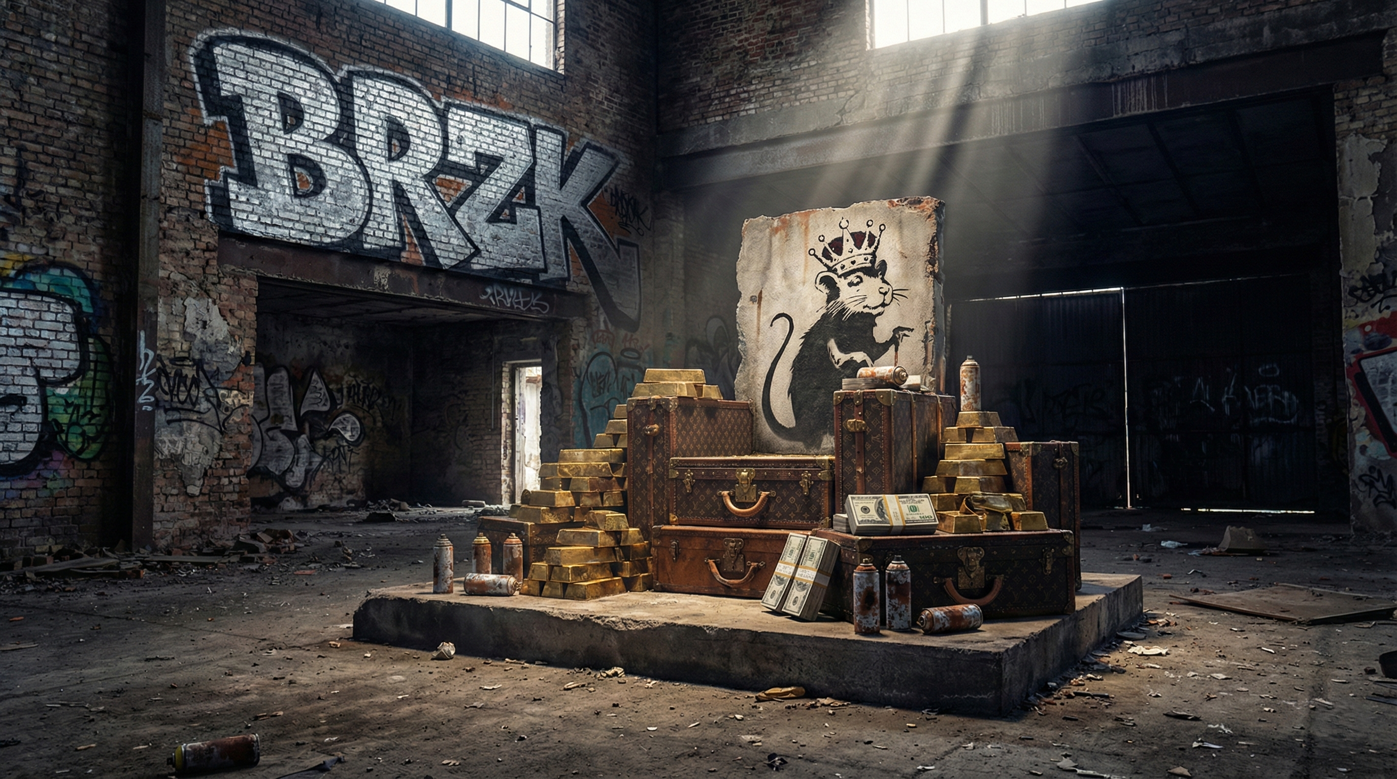 Berzerk x Designs throne banner, throne made of money and spray cans, luxury street art king, Banksy rat with crown art, warehouse setting 8k wide background.
