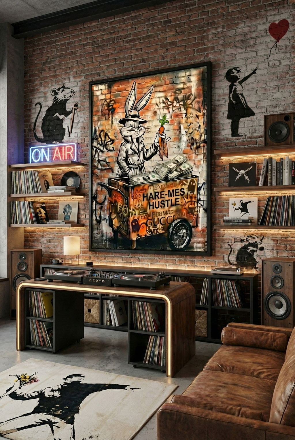 "Framed 'Hare-mes Hustle' street art by Brzk featuring Bugs Bunny in trench coat with money cart, displayed in an industrial vinyl record lounge with exposed brick walls and Banksy-style decor, ideal for luxury urban home interiors, DJ rooms, and hypebeast man caves.
