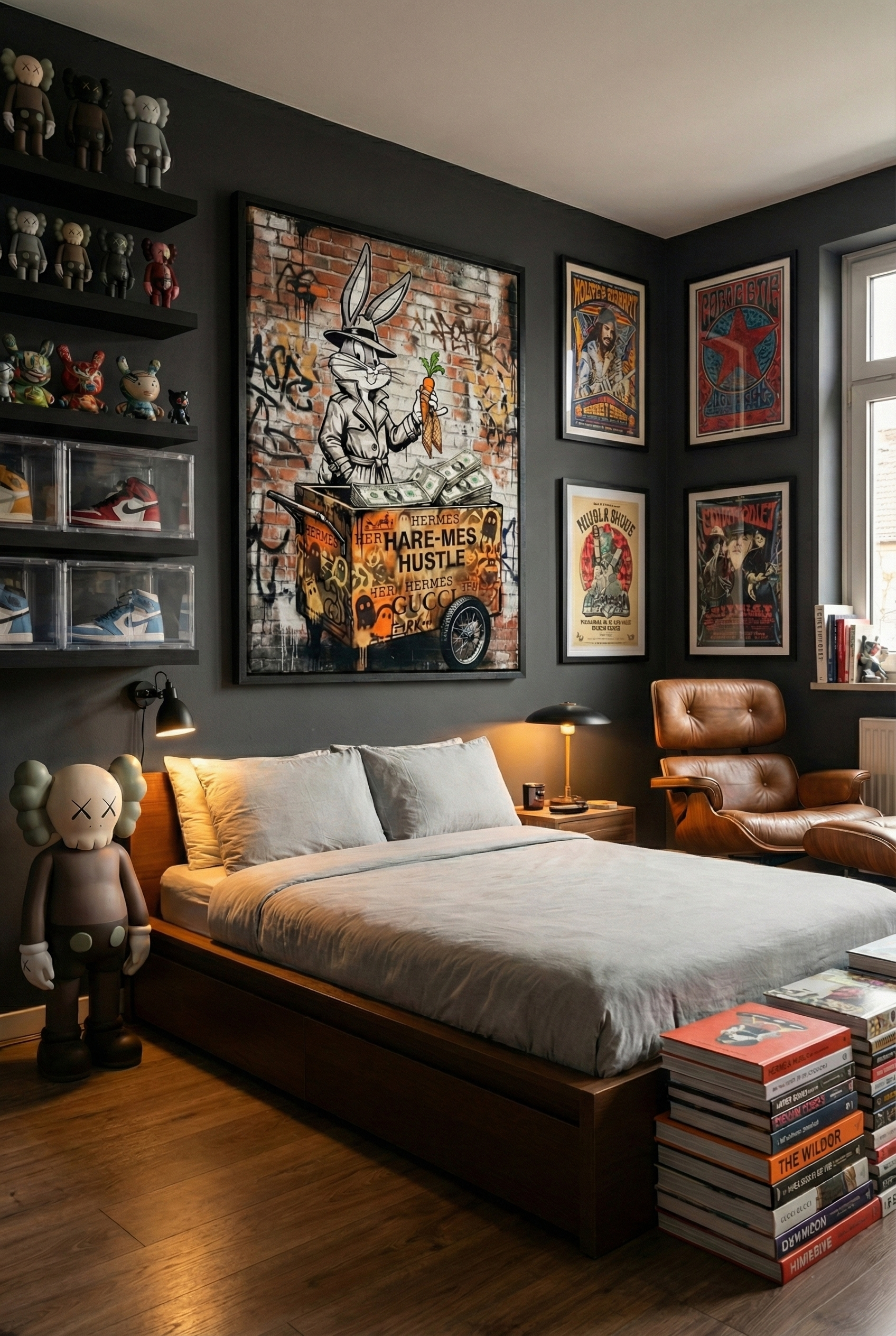 Ultimate hypebeast bedroom setup featuring 'Hare-mes Hustle' framed art by Brzk, displayed alongside KAWS figures, rare sneaker collections, and designer fashion books, trending wall decor for modern man caves and streetwear enthusiasts.
