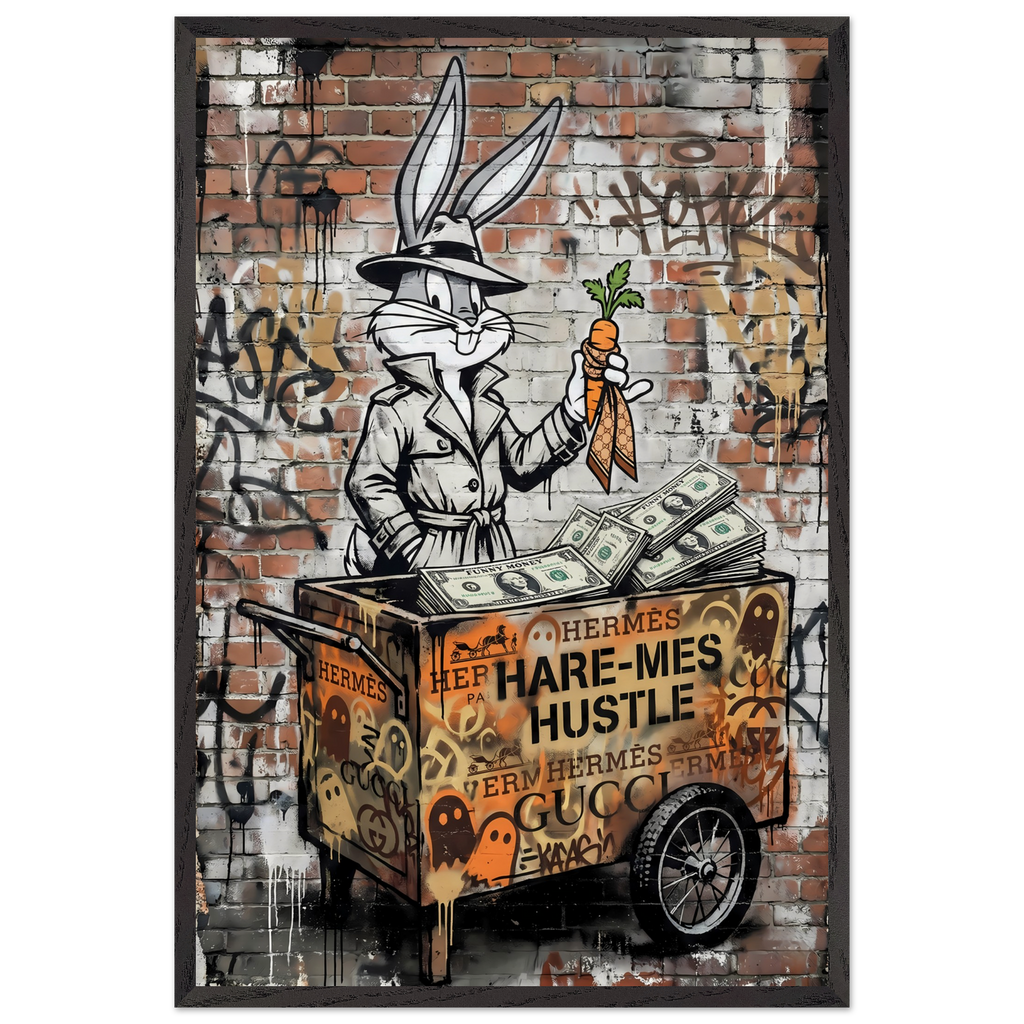 Cartoon character with a cart full of money and luxury brand names against a graffiti-covered brick wall.