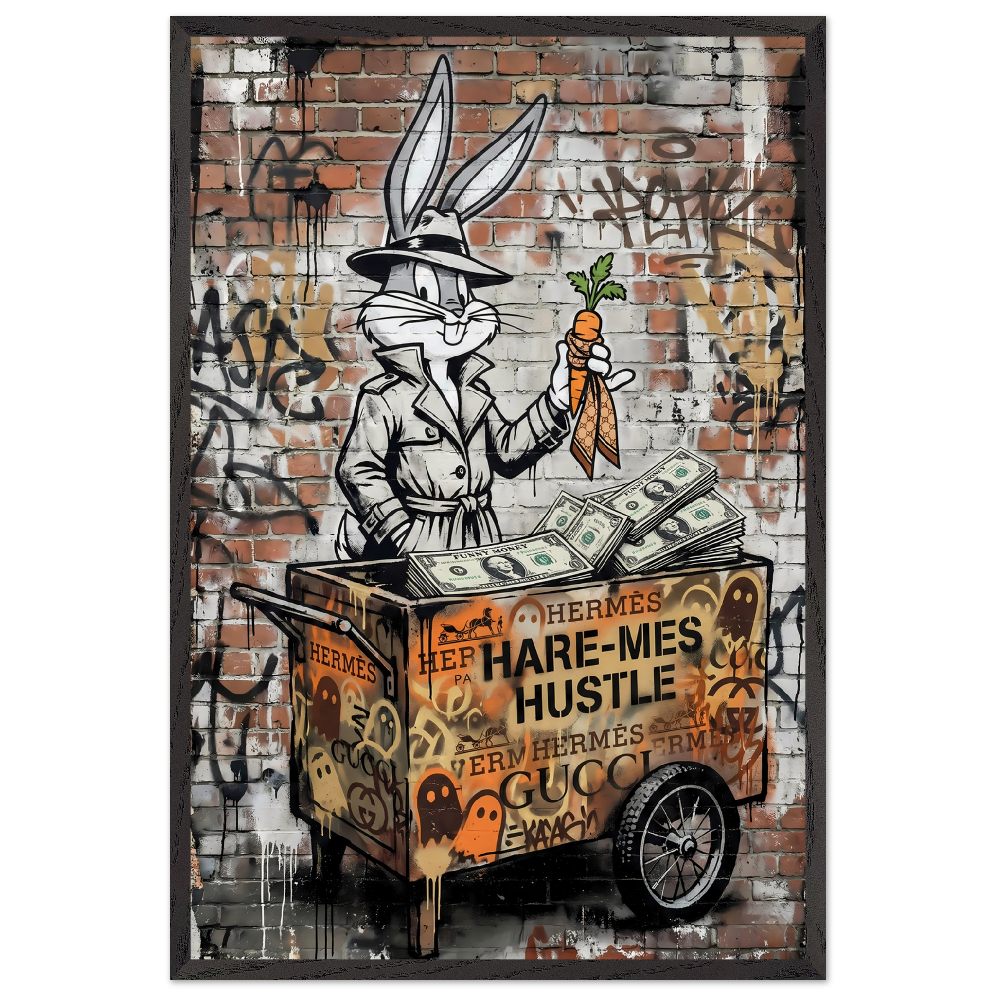 Cartoon character with a cart full of money and luxury brand names against a graffiti-covered brick wall.