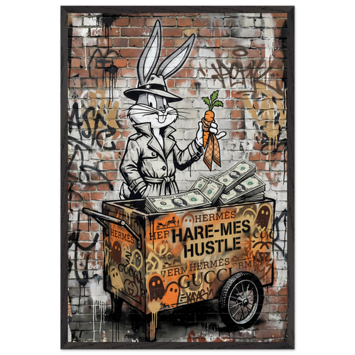 Cartoon character with a cart full of money and luxury brand names against a graffiti-covered brick wall.