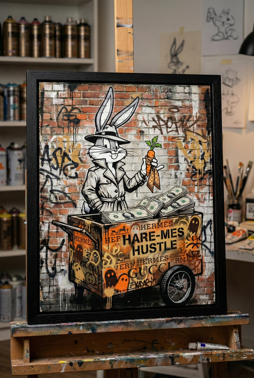Behind-the-scenes artist studio view of 'Hare-mes Hustle' by Brzk, displayed on a wooden easel surrounded by graffiti spray paint cans and sketches, authentic urban art decor for creative workspaces and modern lofts.