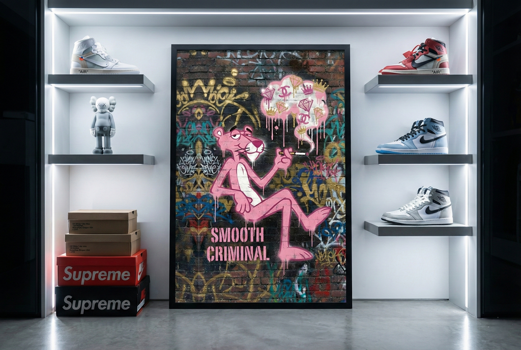 Diamond Drip Criminal" framed street art by Brzk, featuring Pink Panther with dripping luxury logos, displayed as the centerpiece in a high-end hypebeast sneaker closet surrounded by Air Jordans and KAWS figures.