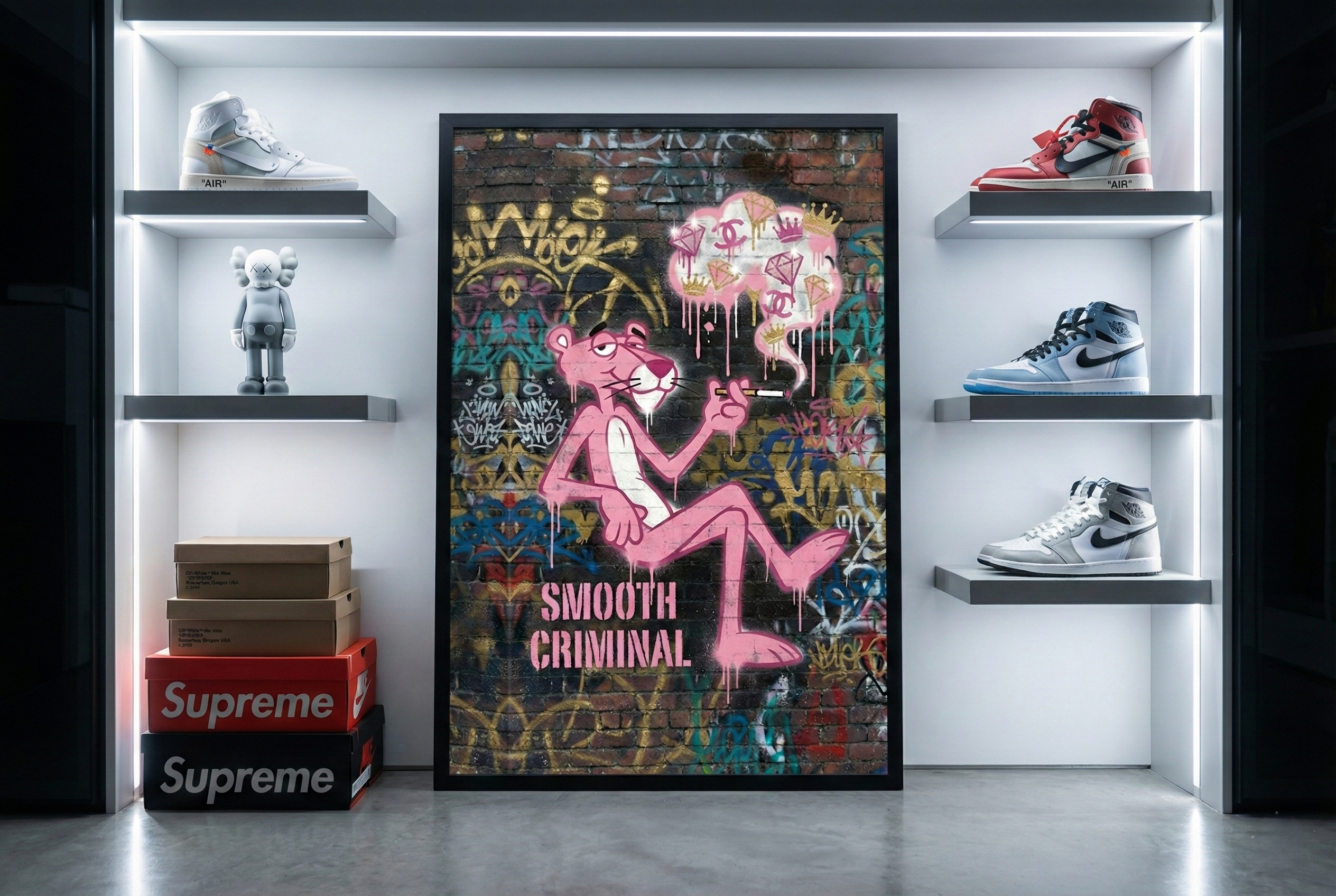 Diamond Drip Criminal" framed street art by Brzk, featuring Pink Panther with dripping luxury logos, displayed as the centerpiece in a high-end hypebeast sneaker closet surrounded by Air Jordans and KAWS figures.