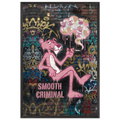 Detailed view of the digital street art design by Brzk showing the Pink Panther smoking, with a thought bubble containing dripping diamonds, gold crowns, and interlocking C logos against a vibrant graffiti brick wall background.