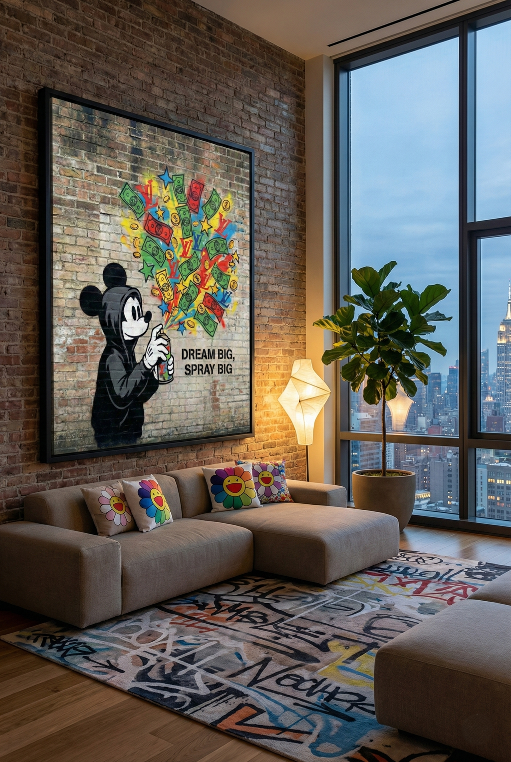 A framed 'Mickey's Mouse-ka-Tool' print on a brick wall in a modern penthouse living room, with a large window showing a city skyline at dusk.