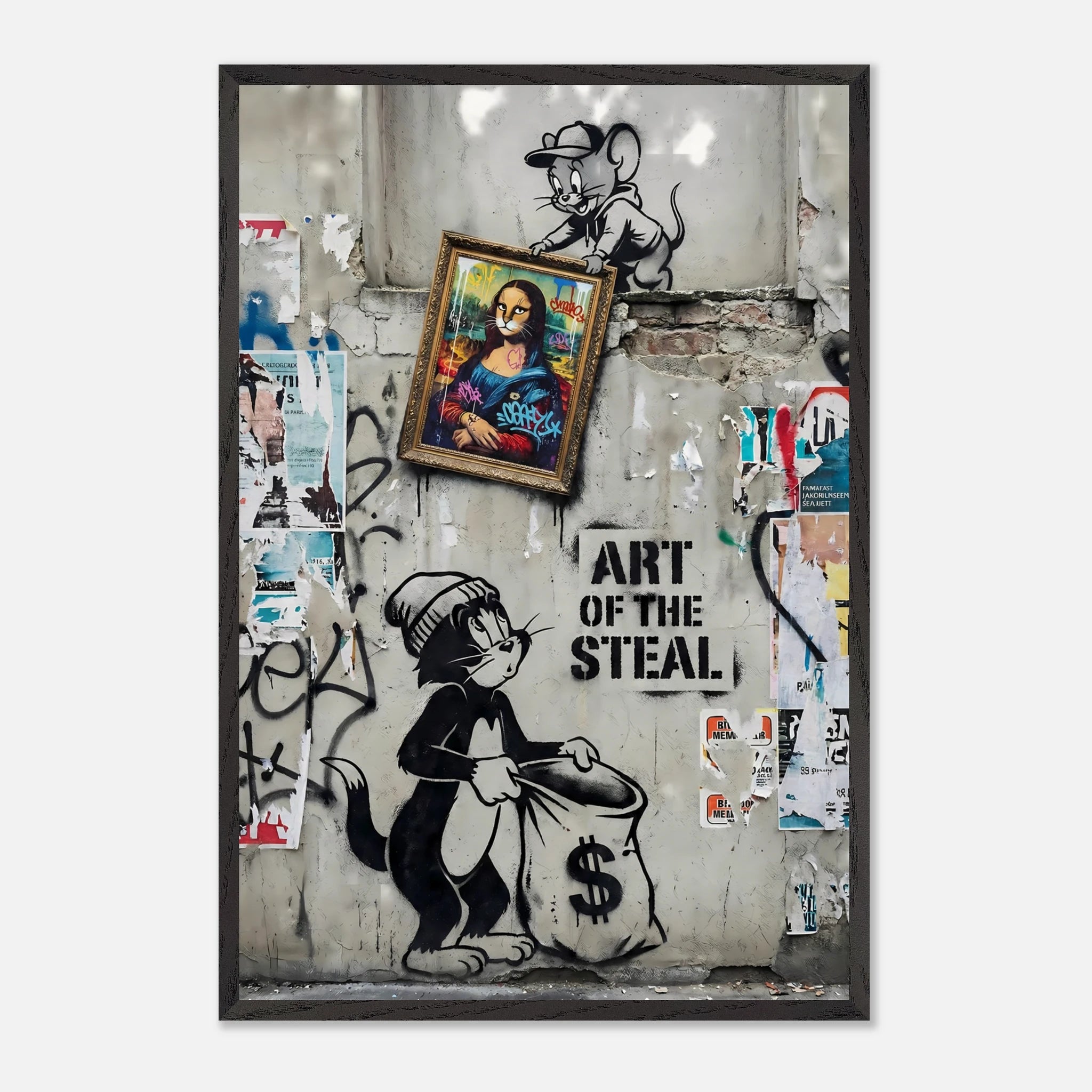 Tom & Jerry "The Art of the Steal" Graffiti Wall Art by Brzk | Vertical 60x90cm Framed Street Art Print featuring a Banksy-style heist scene with a vandalized Mona Lisa and Money Bag. Encased in a Premium 20mm Black Matte Wood Frame. Perfect for Hypebeast Sneaker Rooms, Industrial Office Decor, and Modern Man Caves. High-contrast Urban Vandal Luxury aesthetic with distressed concrete textures and "Art of the Steal" stencil text.