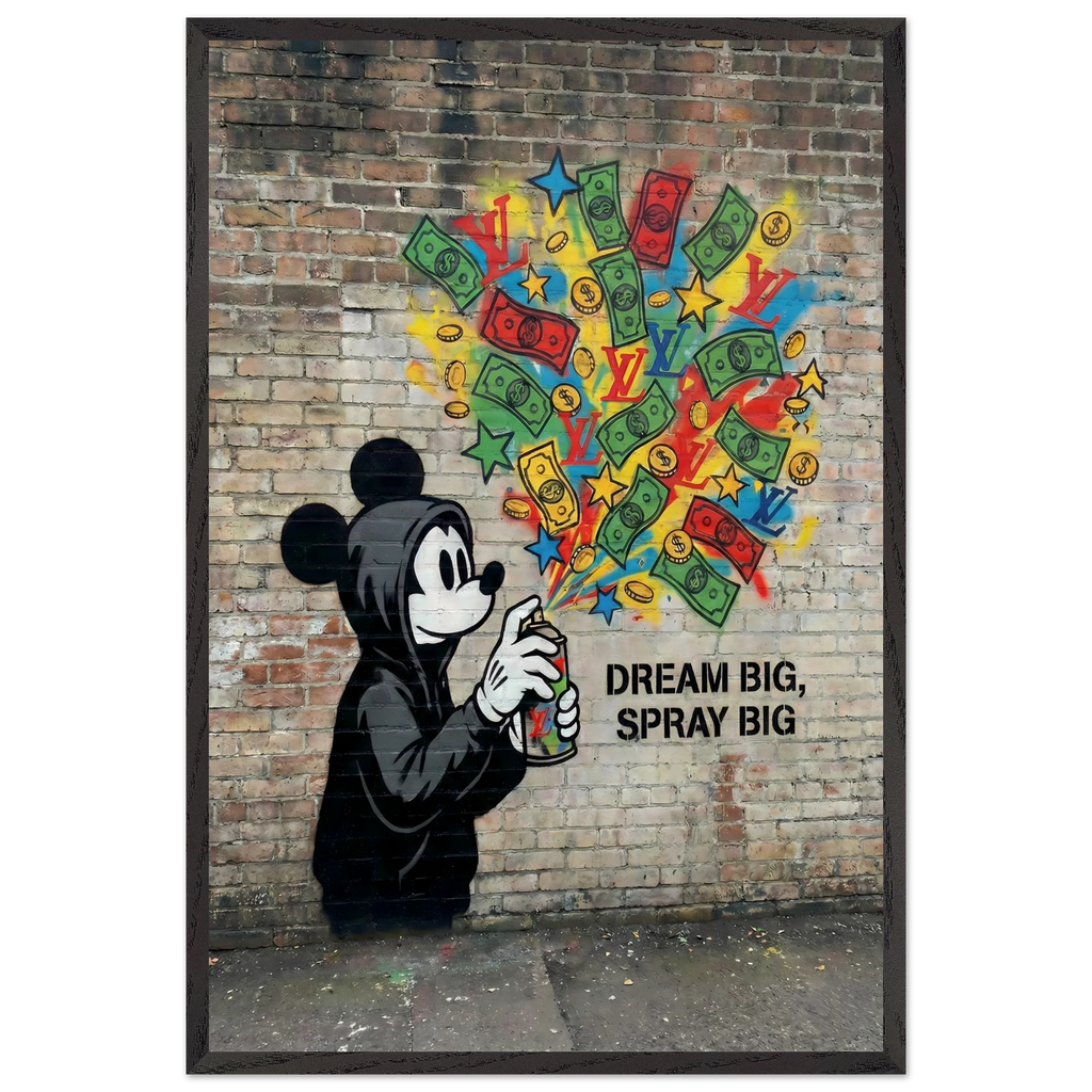 Mickey Mouse "Dream Big Spray Big" Graffiti Wall Art by Brzk | Vertical 60x90cm Framed Street Art Print featuring Mickey in a black hoodie spraying money, gold coins, and colorful luxury LV logos. Encased in a Premium 20mm Black Matte Wood Frame. Perfect for Entrepreneur Offices, Hypebeast Rooms, and Wealth Motivation Decor. High-contrast Urban Vandal aesthetic with realistic brick wall texture and stenciled motivational text.