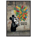 Mickey Mouse "Dream Big Spray Big" Graffiti Wall Art by Brzk | Vertical 60x90cm Framed Street Art Print featuring Mickey in a black hoodie spraying money, gold coins, and colorful luxury LV logos. Encased in a Premium 20mm Black Matte Wood Frame. Perfect for Entrepreneur Offices, Hypebeast Rooms, and Wealth Motivation Decor. High-contrast Urban Vandal aesthetic with realistic brick wall texture and stenciled motivational text.