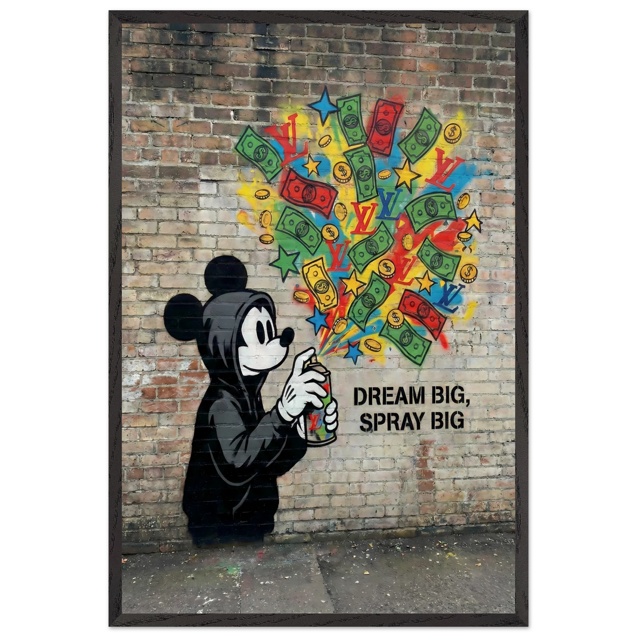 Mickey Mouse "Dream Big Spray Big" Graffiti Wall Art by Brzk | Vertical 60x90cm Framed Street Art Print featuring Mickey in a black hoodie spraying money, gold coins, and colorful luxury LV logos. Encased in a Premium 20mm Black Matte Wood Frame. Perfect for Entrepreneur Offices, Hypebeast Rooms, and Wealth Motivation Decor. High-contrast Urban Vandal aesthetic with realistic brick wall texture and stenciled motivational text.