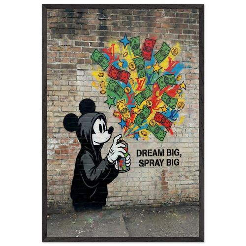 Mickey Mouse "Dream Big Spray Big" Graffiti Wall Art by Brzk | Vertical 60x90cm Framed Street Art Print featuring Mickey in a black hoodie spraying money, gold coins, and colorful luxury LV logos. Encased in a Premium 20mm Black Matte Wood Frame. Perfect for Entrepreneur Offices, Hypebeast Rooms, and Wealth Motivation Decor. High-contrast Urban Vandal aesthetic with realistic brick wall texture and stenciled motivational text.